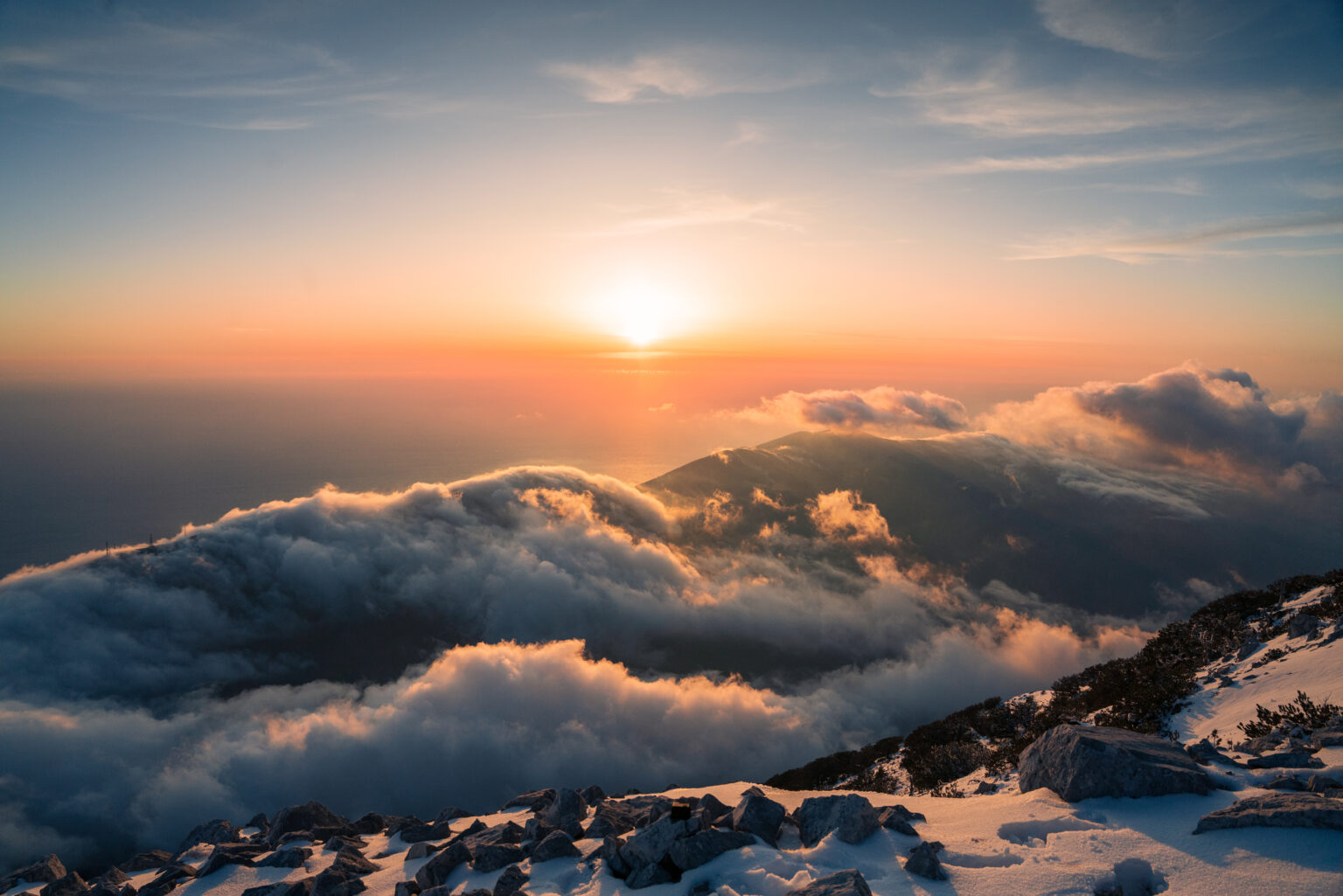 Mountains above the clouds at sunset, Vlorë