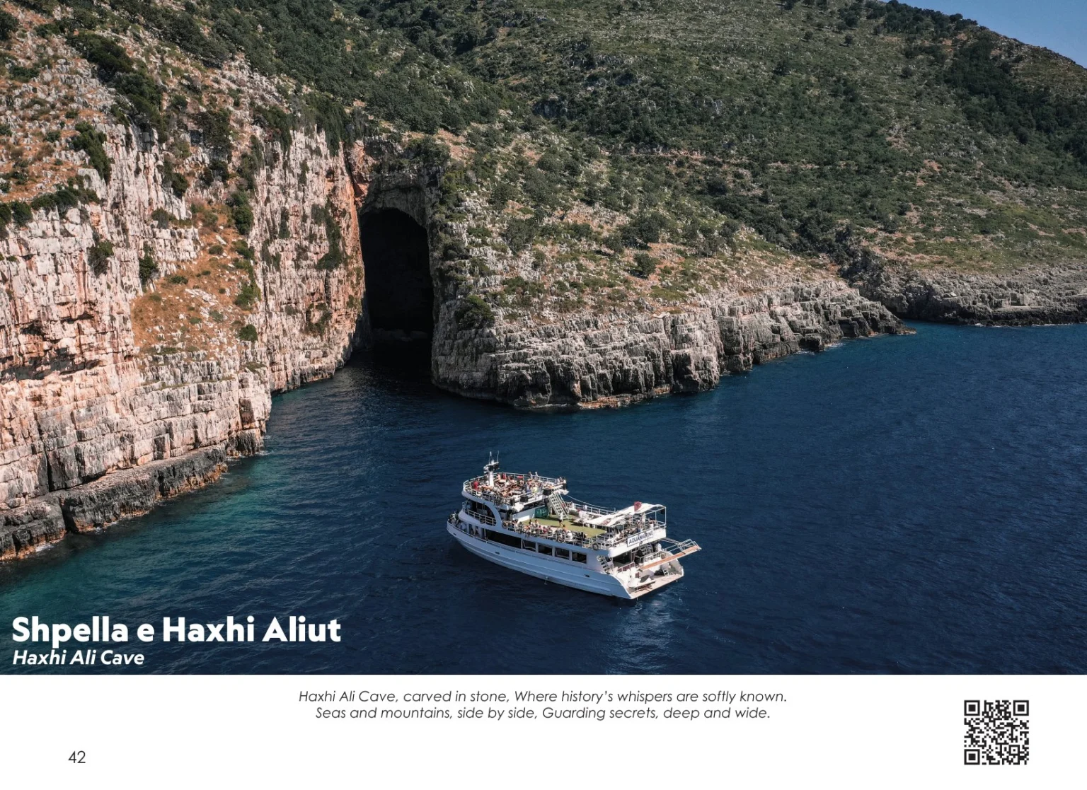 A boat at the entrance of Haxhi Ali Cave, Karaburun, photographed by Altin Serani